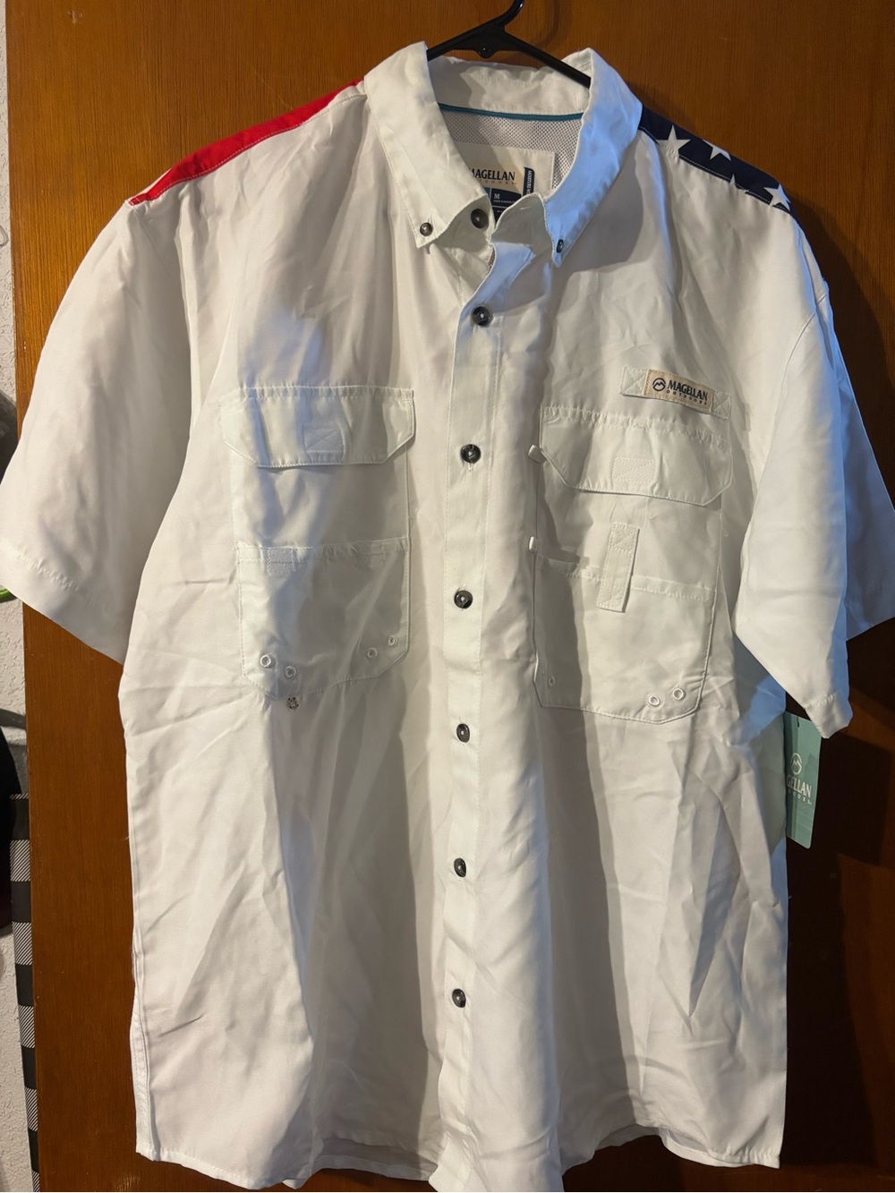 Magellan Outdoors Men’s White Short-Sleeve Button Shirt with Red & Blue Accents